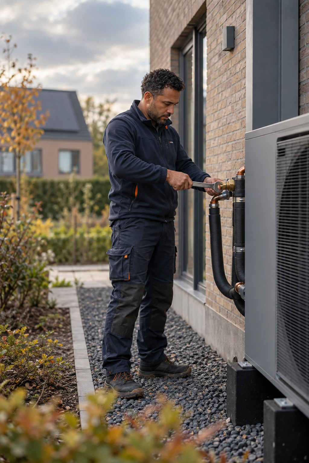Installateur sluit een warmtepomp aan